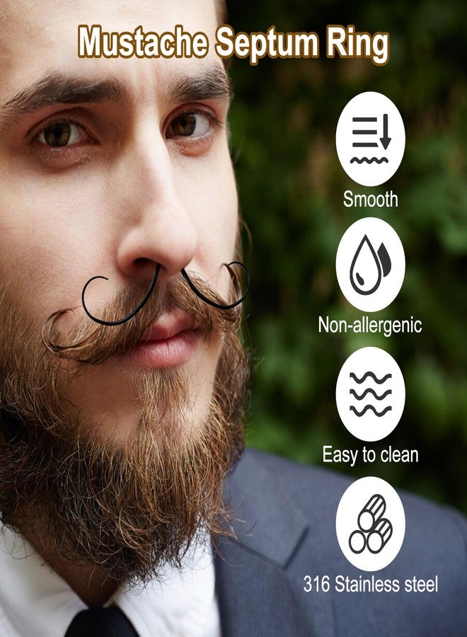 Hoohnnaa 14G/16G Mustache Septum Ring, 316 Surgical Stainless Steel Septum Ring Piercing Jewelry for Women Men Halloween Christmas, Mustache Nose Piercings Black Gold Rainbow (Black, 1.2mm（16G）) - Image 2